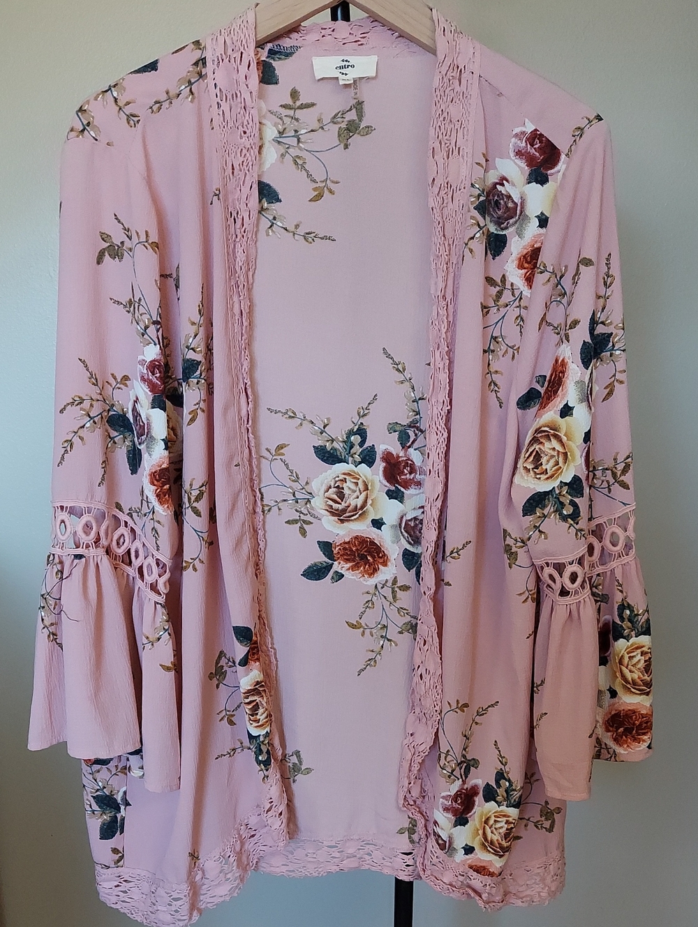 Women’s Entro Dusty Pink  Floral Cardigan Open Front Lace Size XL Kimono Duster